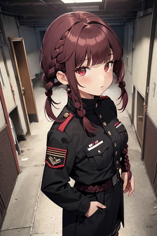 dark red hair, full body Esbian, fluffy hair, Layered Bob, ((Braided shorthair)), ((Braiding bangs)), ((asymmetrical length pigtails)), (a short bob), (long court), inside in room, Slightly red tide, Rin々Facial expressions, ((Perspective from above)), ((Black military uniform)), (hands in the pocket)