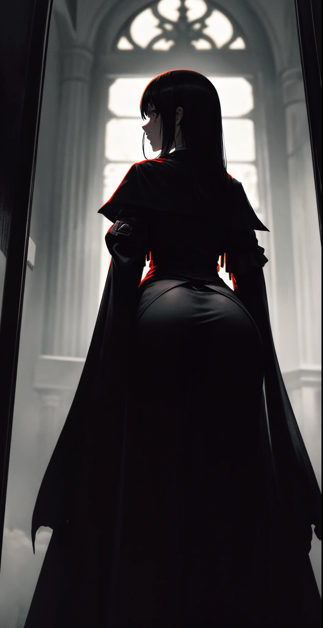 Beautiful and sexy undead gothic vampire girl with short dark hair and blue eyes, Big big butts, super muscular ,  Super strong and huge short red cape lingerie , Waders, stockings BBW hits an armoured door with her fists, knocking it down deformed