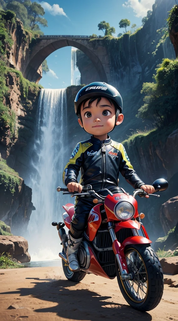Disney Pixar poster of a 7 boy wearing a motorbike racer outfit with a waterfall background entitled HABIBIE AL-FATIH