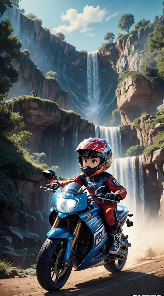 Disney Pixar poster of a 7 year old boy wearing a motorbike racer outfit with a waterfall background entitled HABIBIE AL-FATIH