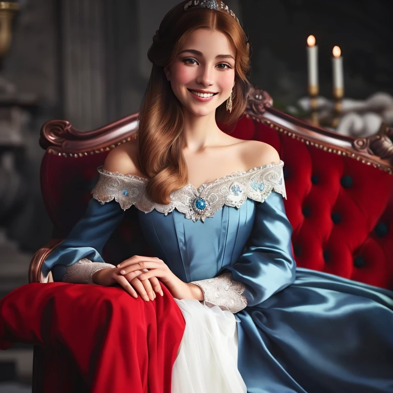 Mujer arafed con un vestido azul sentada en una silla roja., Elegante pose sonriente, con una sonrisa elegante, sonrisa encantadora, Mujer preciosa, Retrato elegante, Hermosa princesa femenina, lovely languid princess, Exquisite aristocratic, Majestad en ropa noble, Mujer elegante, hermosa dama, Llevar elegantes ropas Tudor, como una mujer noble elegante, Elegante dama con piel de alabastro