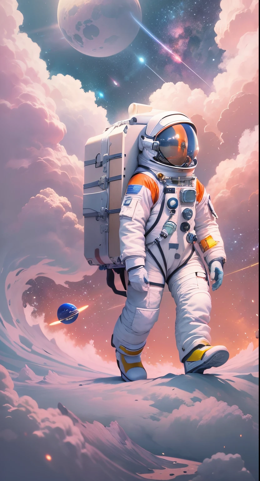 Cartoon astronaut with suitcase in the clouds, American astronauts, futuristic astronaut, The astronaut, lonely astronaut, detailed astronaut, astronaut walking, spaceman standing looking, astronauts and space colonies, astronaut stranded on planet, Space travelling, Space travelling, astronaut standing looking, space tourism, astronaut lost in liminal space, Portrait of an astronaut, modern space suit, inspired by Scott Listfield