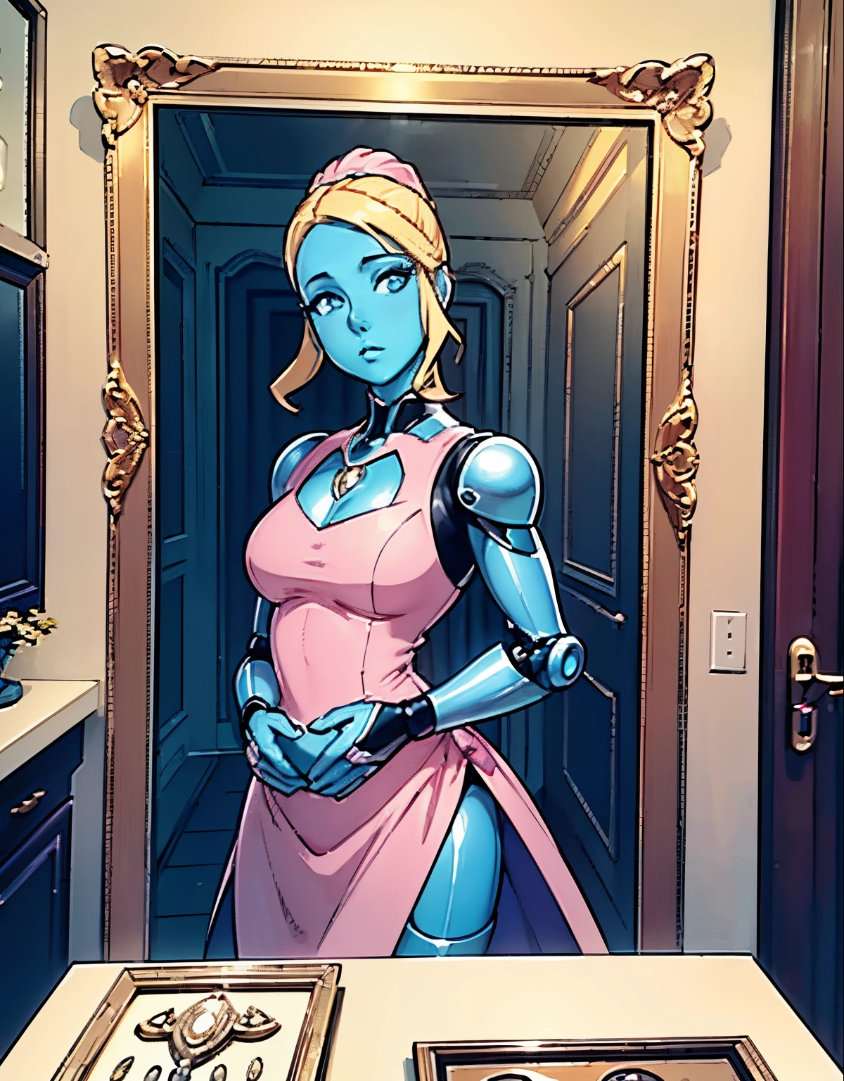 (robot housewife),(display case),(pink dress),(blonde hair),(blue eyes),(plastic skin),(best quality,4k,8k,highres,masterpiece:1.2),ultra-detailed,(realistic,photorealistic,photo-realistic:1.37),portraits,(vibrant colors,colorful:1.1),(soft lighting),(silverware),(spotless kitchen),(beautifully decorated room),(elegant surroundings),(big windows),(tidy and organized),(comfortable living space),(tastefully designed),(stunning artwork),glass showcase),(precious collectibles),(interesting artifacts),(showcasing treasures),(spotlight),(meticulously arranged),(enticing arrangement), (robot parts)