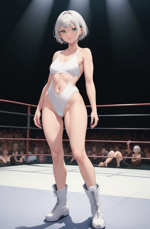 full body photographed、masterpiece、top-quality、hight resolution、Bery short hair、White-silver hair、Big green eyes、weak、High leg cut swimsuit、white sporty boots、Sweaty skin、Professional wrestling venues、professional wrestling、((On the ring of professional wrestling:1.1))、Red face、20 year old woman,Young Woman's ((She's standing:1.2))、(tiny chest:1.2)、sullenness、well-muscled