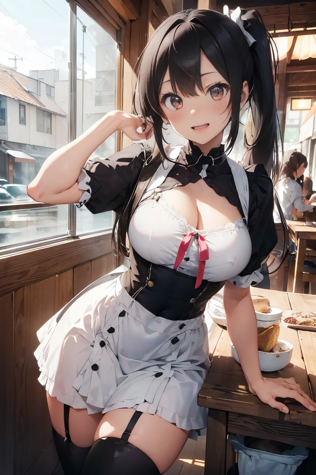 (An ultra-fine illustrations:1.2),(masutepiece, 8K), (Best Quality, High quality:1.4), Polate,((Super Pastel)),Perfect Anatomy, ultra - detailed, ultra - detailed,masterpiece background,beautiful detailed background, V8K Wallpapers,perfect design, 1girll, Solo, (Arms out,slender, Very short sleeves,cabelos preto e longos,extra long hair,maid, Hefty Smile,(Bring your own lunch),from below, Cowboy Shot:1.2), (浅笑, Open mouth, 20yr old), (Bundled hair),(Extra Long High Ponytail:1.3), Black eyes, (Exposing the chest:1.5),(Low Cut Made Clothes:1.5),Short sleeves, maid apronl, white maid apron, black lence stockings,Absolute realm,long boots, Slender girl, (tea shop),inside in room,