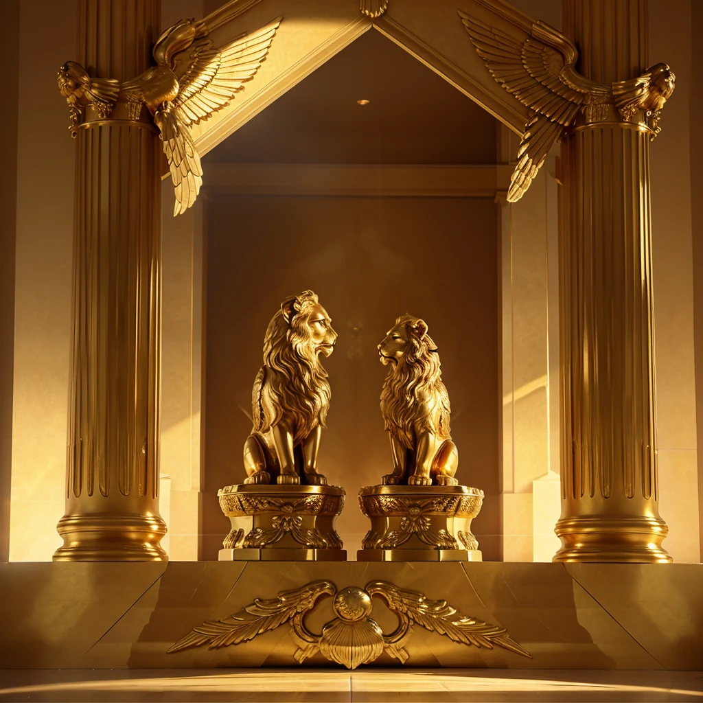 Masterpiece, 3D ( 2 golden winged lions facing each other, seated, one paw raised towards a short, thick golden pillar, a 3D golden sun above the pillar, ), full body, symmitrical, ultra realistic, podium++, light background, light theme, heyper detail, low lighting, ultrarealistic, film grain