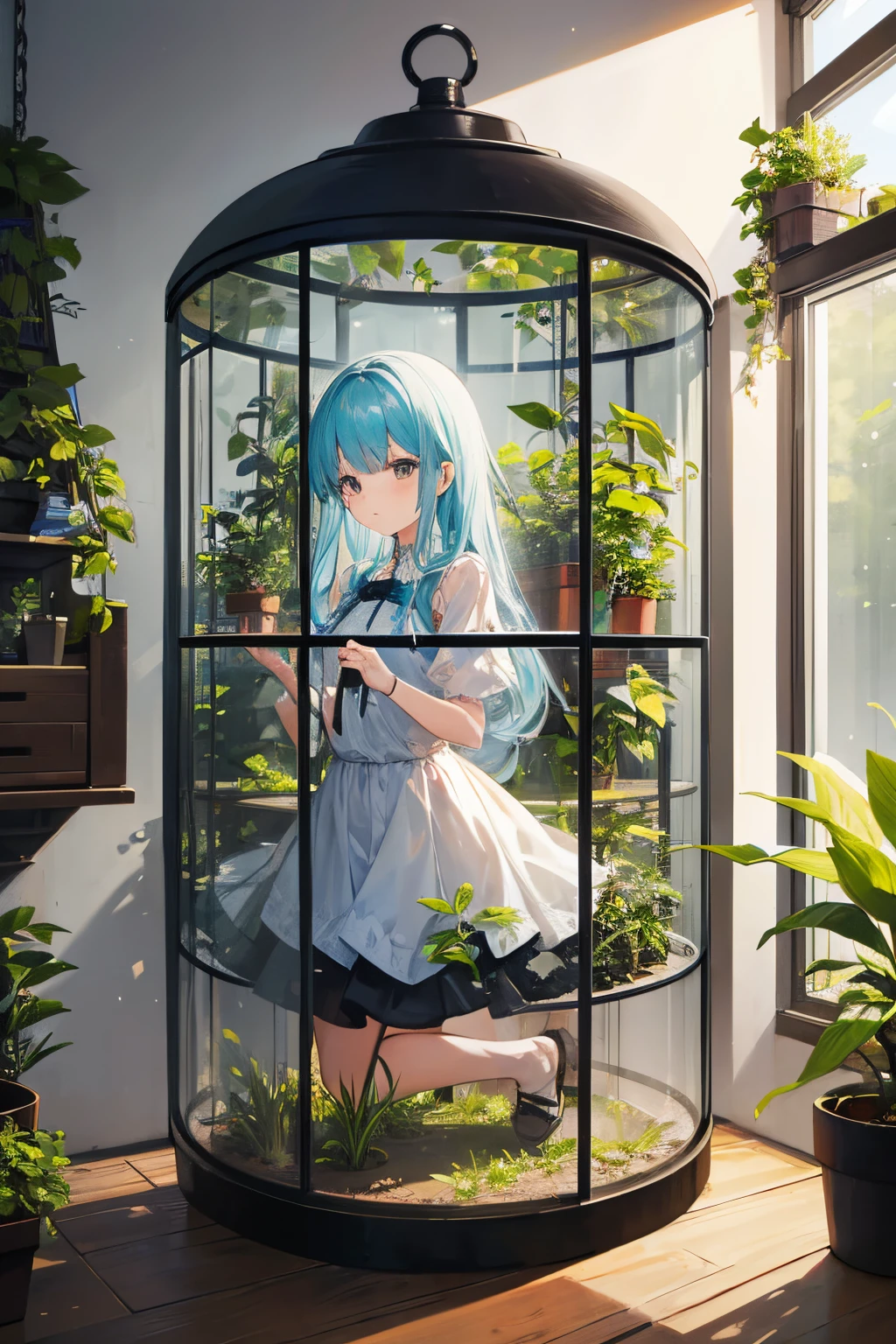One girl is locked in a transparent glass box among herbs and plants in a closed place.