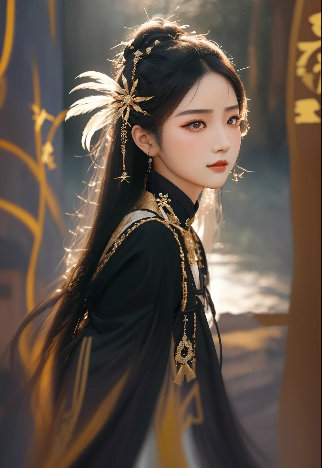 Araff Asian woman,long whitr hair,wearing a black dress,Wears a gold headdress, 宮 , A girl in Hanfu, xianxia, sha xi, Inspired by Huang Ji, ChineseGirl, full body xianxia, xianxia fantasy, Hanfu, beautiful fantasy empress, Traditional beauty, gorgeous chinese models, xintong chen