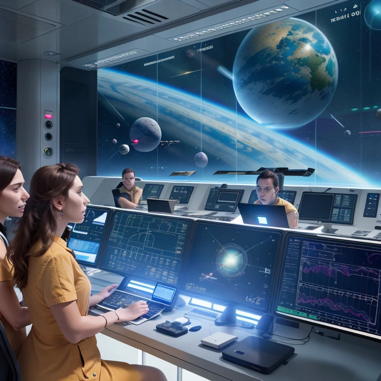 photo realism, people in the control room looking at a computer screen overlooking the galaxy, depicted as a sci-fi scene, unknown signal received, in a sci-fi movie, Sci-fi cinematic film, Sci-fi scene, cyber space, sci fi concept art, Sci-fi scene, view of one tracking console, galaxy screen, two employees, two employees lean forward, looking at the screen with interest, unknown signal received, with several computers and a large screen, Futuristic government solar system, Inside a futuristic military base, Futuristic Science Lab, Futuristic Lab, futuristic production facility, Sci - Крытый Fi, cyber space, depicted as a sci-fi scene, futuristic cyberpunk scenario, Sitting in the control center, In a futuristic laboratory room, in a futuristic arena, science fiction, Planet Medlana, Luxor solar system, Station for tracking objects in the solar system and beyond. Office of space observation stations, high detail, many jobs, rogue radars, 3D star screen on the wall, monitors around the walls, equipment, instrument lighting, in the middle of the room is a transparent star globe with meridians and parallels, many employees.