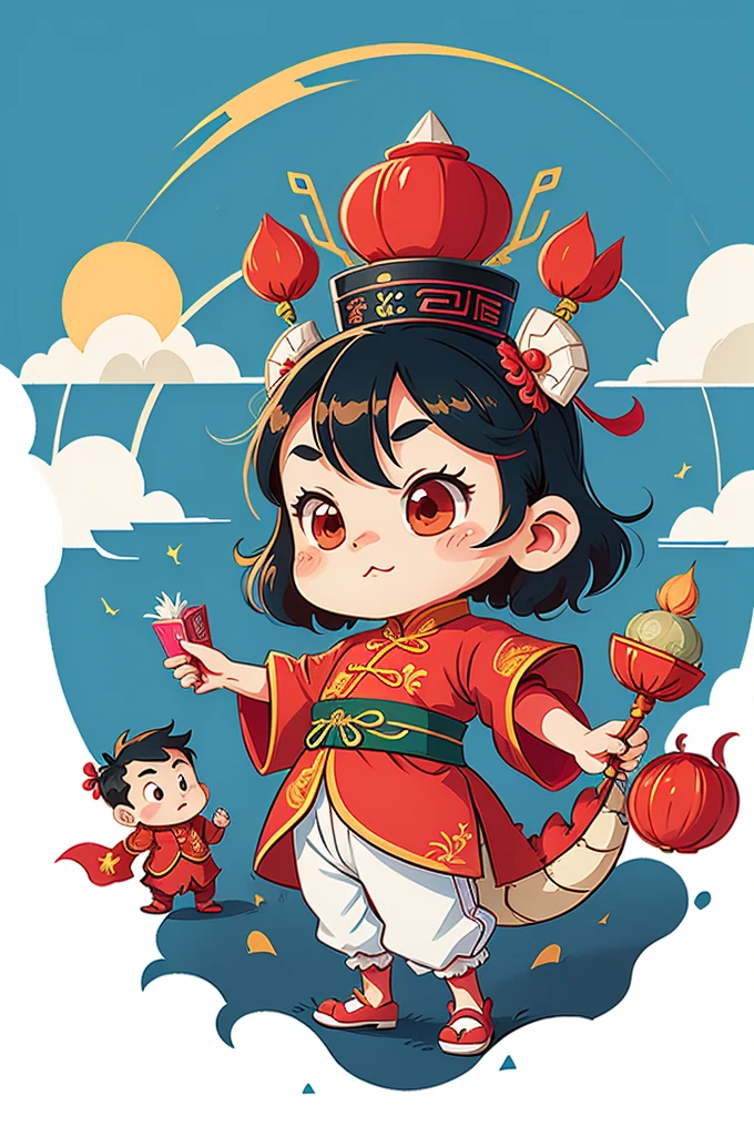 ((1 cute festive Chinese dragon and a little boy, Wearing traditional Chinese clothing,Lunar New Year,, firecrackers, Auspicious clouds, fundo vermelho)), Cute and detailed digital art, lovely digital painting, cute big breasts, Lovely detailed artwork, ((Cute vector illustration)), digital painting very detailed, Cute and colorful, Cute big breasts, Highly detailed digital artwork, detail-rich、many color,Cartoon vector style, avatar images, Flat anime style, Cartoon minimalism, Flat vector art, flatillustration, Cartoon Cute