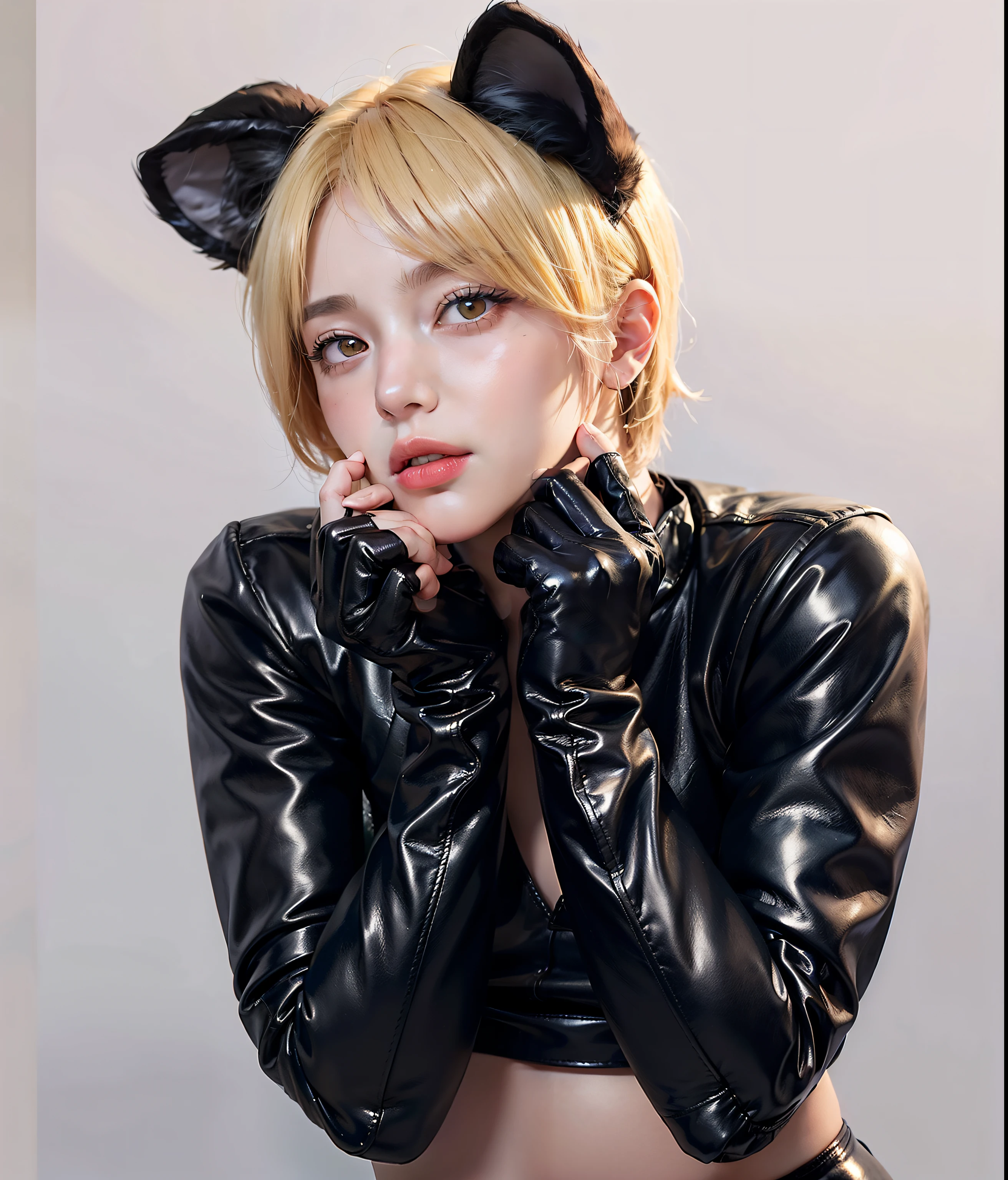 blond haired man with black cat ears and a black shirt, posing boy with cat ears and tail,blond haired man with black cat ears and gloves posing for a picture, cute boy with cat ears, fake cat ears, cat ears, blonde beautiful glossy hair, high resolution, detailed, 4k, rim light, leather costume glossy