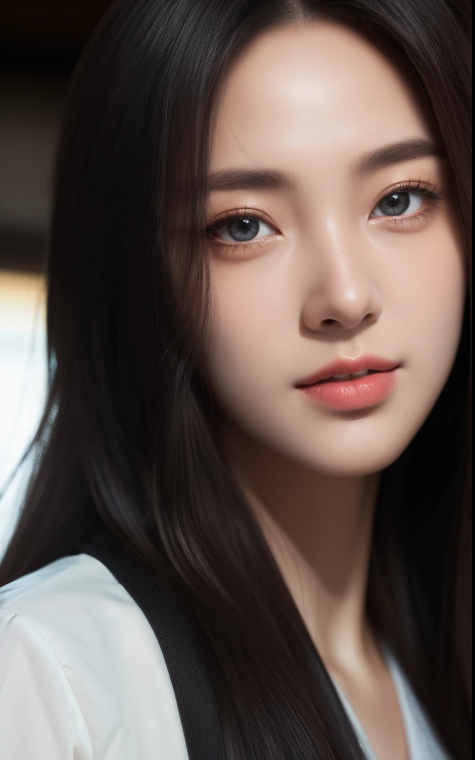 silber hair、ulzzang -6500-v1.1, (Photorealsitic:1.4), animesque、anime styled、ssmile、portraitures、Beautiful, Moist eyes like clear glass、Beautiful detailed woman, extremely detailed eye and face, Beautiful detailed eyes,huge filesize, ultra-detailliert, hight resolution, ighly detailed, top-quality, masterpiece, illustratio, ighly detailed, nffsw, unification, 8k wallpaper, splendid, finely detail, masterpiece, top-quality, Highly detailed ticker uniform 8K wallpaper, Light on the Face、电影灯光、