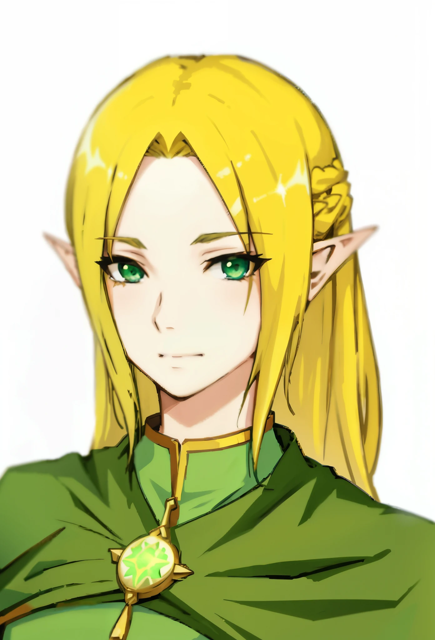 Anime sharp ear woman with blonde hair and green eyes wearing green dress with pendant on it, elven character with smirk, female elf, elven, elf girl, elf princess,