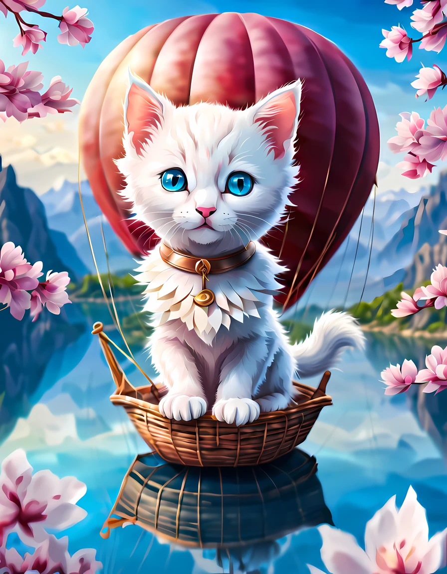 (epic digital drawing:1.3), (solo:1.3), (symmetrical:1.3), (close up:1.3), ((cute white kitten in a hot air balloon)) ((((floating petals)))) of cherry blossoms, blue eyes, epic nature background (mountains, plains, lake castle), More Detail