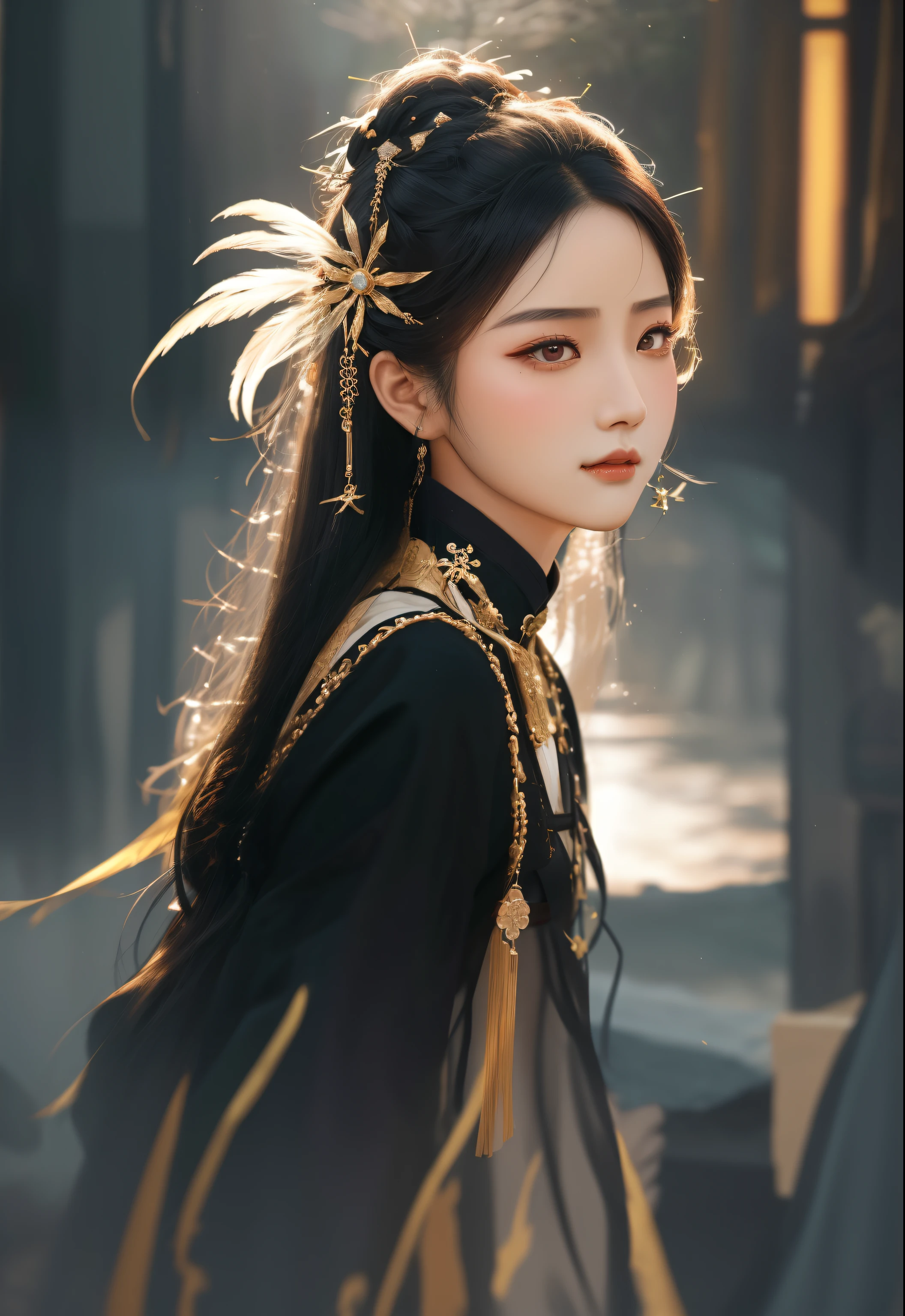 araf asian woman，Long gray hair，wearing a black dress，Wears a gold headdress, 宮 ， A girl in Hanfu, xianxia, sha xi, Inspired by Huang Ji, ChineseGirl, full body xianxia, xianxia fantasy, Hanfu, beautiful fantasy empress, Traditional beauty, gorgeous chinese models, xintong chen