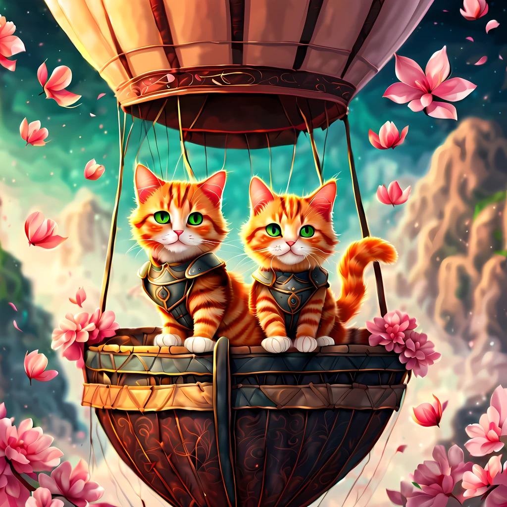 (epic digital drawing:1.3), (solo:1.3), (symmetrical:1.3), (close up:1.3), (cute ginger tabby cat hero) (((in a hot air balloon))) ((legendary armor)) ((((floating petals)))) of cherry blossoms, green eyes, epic nature background (((fire beneath))), ((nocturnal)), More Detail