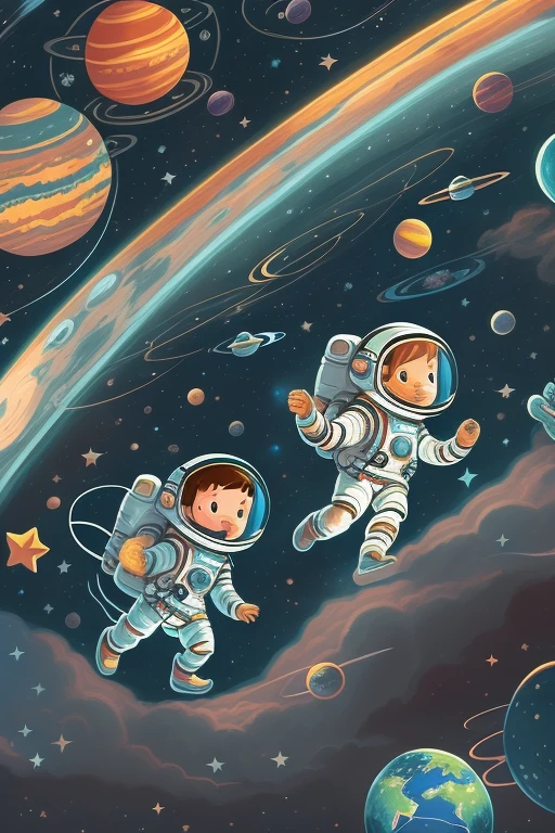 Cartoon illustration of a group of children in space with planets, Little astronaut, mobile game art, space library artwork, Fantasy space, space themed, space dream, Children's book illustration, Infinite Astronomy Library, space fantasy, colorful kids&#39;book illustrations, Children's book illustration, In space, Dressed in stars and planets, Deep space exploration!!!, in the space, Space travelling