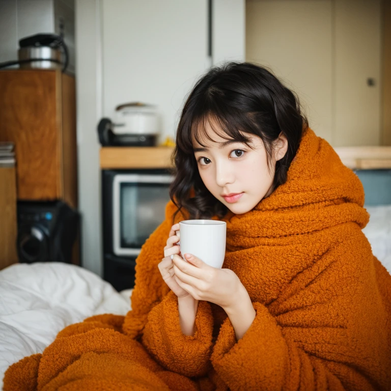 Cute woman wrapped in a fluffy blanket、((25-years old))、japanes、sitting on、1 girl in、Japanese narrow studio apartment、Hold a ceramic coffee cup with both hands、viewer is looking down、a picture、35mmfilmg、Sleepy face、short-hair、waved hair、disheveled hair、Fix、no-makeup、Plump lips、detailed finger