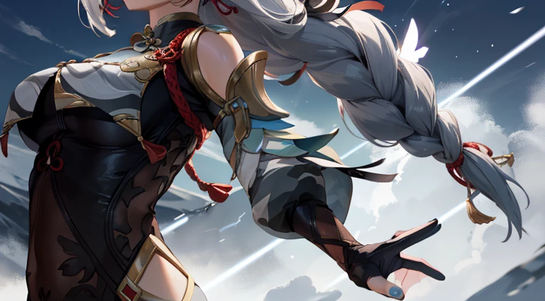 shenhedef, Upper body, Seductive look, blush, Outdoors, Snowflake landscape, Looking at Viewer, cloudy, Moody lighting, (perfect detail eyes:1.2), Glowing eyes, (Long hair braid:1.2), Elemental Skill Effects, (masutepiece, Best Quality, High quality:1.4), Professional artwork, Intricate details, field of views, Sharp Focus, detailed paintings, photorealistic lighting, trending on pixiv, (Vibrant lighting, Vibrant colors:1.05), Realistic Shadows, Ambient Occlusion, (athletic bodies:1.3), Mature Woman, 17-years old, Torn clothes
