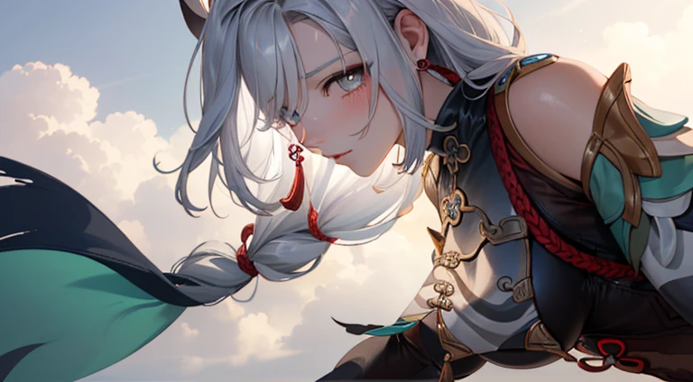 shenhedef, Upper body, Seductive look, blush, Outdoors, Snowflake landscape, Looking at Viewer, cloudy, Moody lighting, (perfect detail eyes:1.2), Glowing eyes, (Long hair braid:1.2), Elemental Skill Effects, (masutepiece, Best Quality, High quality:1.4), Professional artwork, Intricate details, field of views, Sharp Focus, detailed paintings, photorealistic lighting, trending on pixiv, (Vibrant lighting, Vibrant colors:1.05), Realistic Shadows, Ambient Occlusion, (athletic bodies:1.3), Mature Woman, 17-years old, Torn clothes