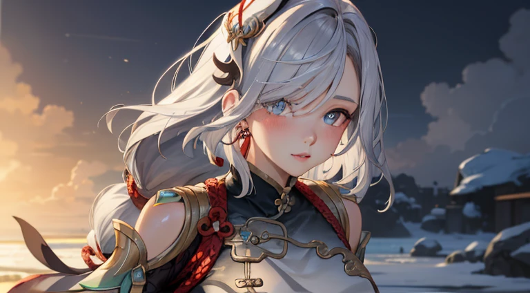 shenhedef, Upper body, Seductive look, blush, Outdoors, Snowflake landscape, Looking at Viewer, cloudy, Moody lighting, (perfect detail eyes:1.2), Glowing eyes, (Long hair braid:1.2), Elemental Skill Effects, (masutepiece, Best Quality, High quality:1.4), Professional artwork, Intricate details, field of views, Sharp Focus, detailed paintings, photorealistic lighting, trending on pixiv, (Vibrant lighting, Vibrant colors:1.05), Realistic Shadows, Ambient Occlusion, (athletic bodies:1.3), Mature Woman, 17-years old, Torn clothes