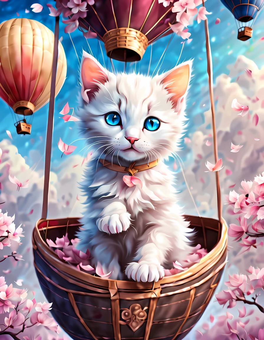 (epic digital drawing:1.3), (solo:1.3), (symmetrical:1.3), (close up:1.3), ((cute white kitten in a hot air balloon)) ((((floating petals)))) of cherry blossoms, blue eyes, epic nature background ((ethereal fire beneath)), More Detail