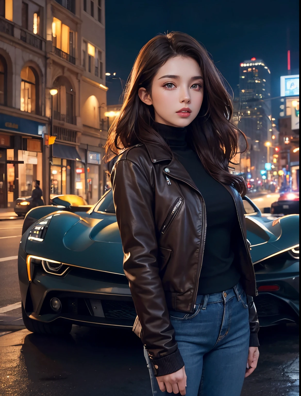 A beautiful woman stands in front of a car-shaped time machine. Dark brown hair. Beautiful double eyes. The bridge of my nose. Well-shaped lips. Wearing a jacket and jeans. The location is a city at night. The car is a sports car type.