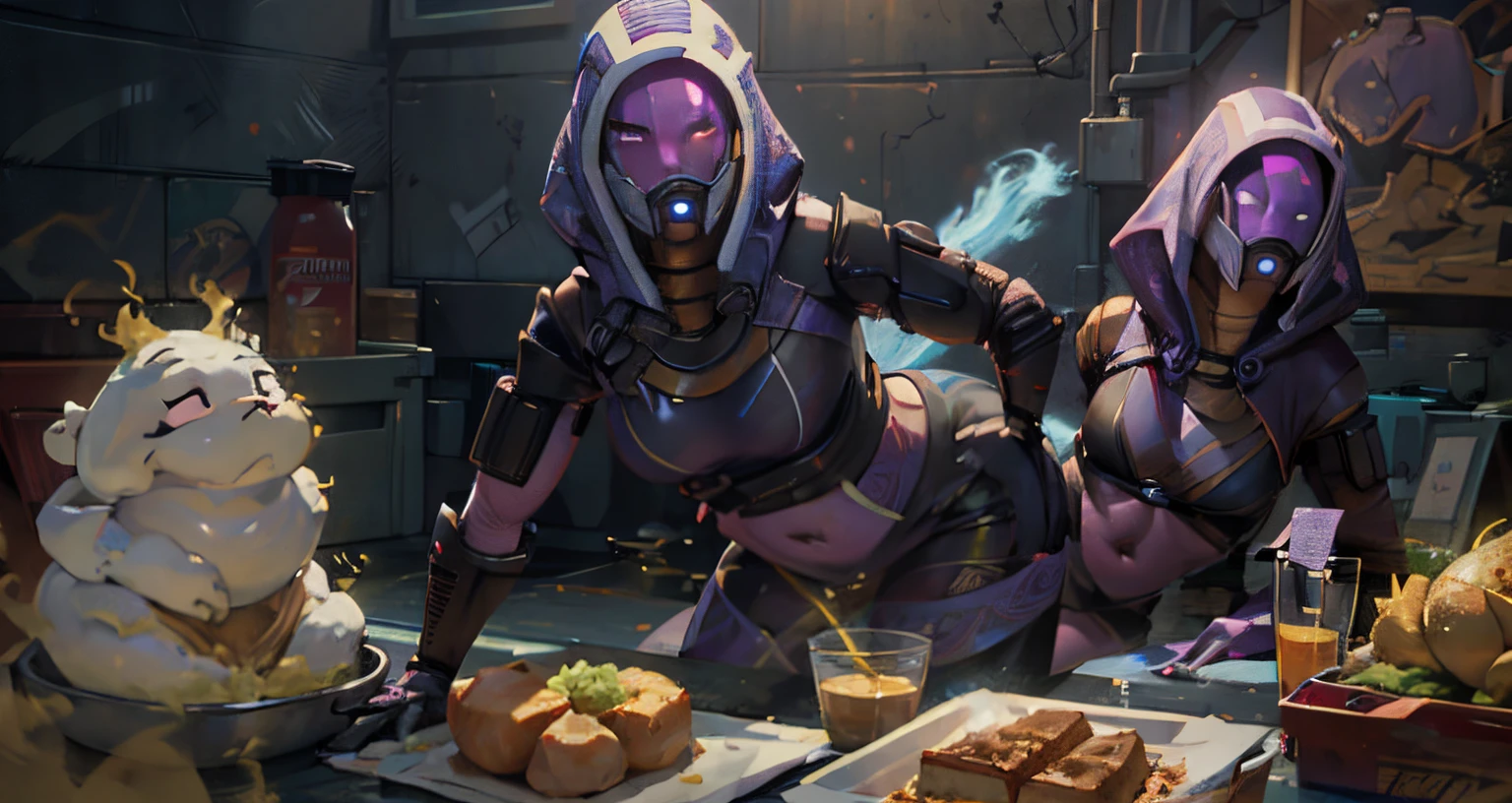 (best quality,4k,8k,highres,masterpiece:1.2),realistic,physically-based rendering,stunning details,magical lighting,beautiful illustration of Tali bending over and letting out a fart, bewitching hips, heavenly thighs, bloated belly expanding in relief, belly emitting a faint gaseous glow, stomachache, bloating gut feeling, sweat glistening on her forehead, embarrassment shown on her flushed face