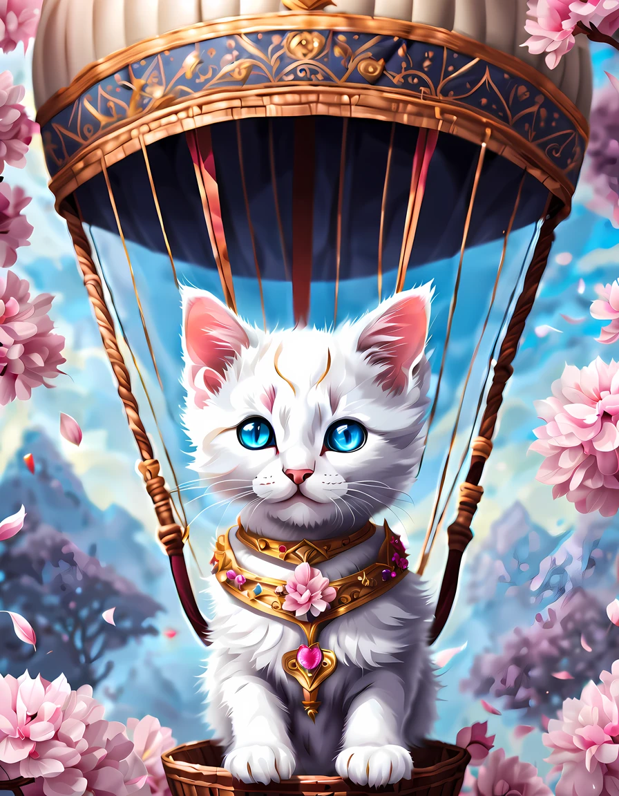 (epic digital drawing:1.3), (solo:1.3), (symmetrical:1.3), (close up:1.3), ((cute white noble kitten in a hot air balloon)) ((((floating petals)))) of cherry blossoms, blue eyes, jeweled crown, epic nature background ((ethereal fire beneath)), (absurdes:1.3), More Detail