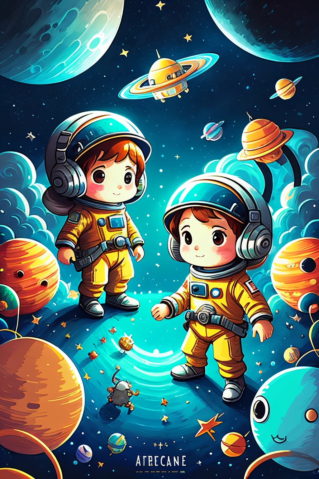 Several astronauts stand in front of space scene, Little astronaut, Cute and detailed digital art, In space, cyril rolando and goro fujita, Lovely detailed artwork, The astronaut, Space travelling, cute astronaut sticker art, in deep space, Dressed in stars and planets, Space color, mobile game art, Dan Mumford's art style, background artwork