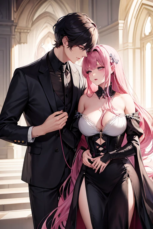 pink haired woman with violet eyes with an hourglass figure is standing in a black corset dress with bell sleeves is kissing a man with shoulder length white hair with ruby eyes in a simple black suit in a chapel