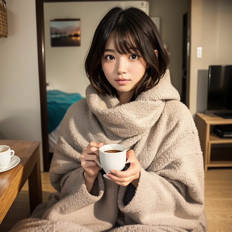 Cute woman wrapped in a fluffy blanket、((25-years old))、japanes、sitting on、1 girl in、Japanese narrow studio apartment、Hold a ceramic coffee cup with both hands、viewer is looking down、a picture、３５ｍｍfilmg、Sleepy face、short-hair、waved hair、disheveled hair、Fix、no-makeup、Plump lips、Detailed finger