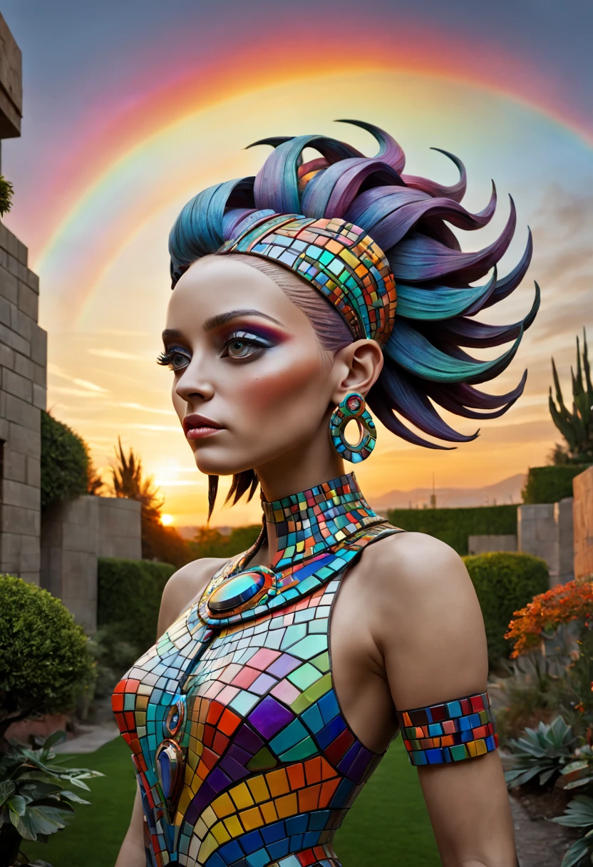 Mosaic tribal sculpture, external garden, Stone road, afofuturism, the sunset, rainbow hair, asymmetrical hair, forehead jewel, hair ornament, bead necklace, hoop earrings, smug, Surrealism, Futurism, Hyperrealism, Art Deco, Conceptual art, Cubist Futurism, chiaroscuro, ray tracing, mosaic art, wide shot, best quality, highres, award winning, masterpiece, 4K