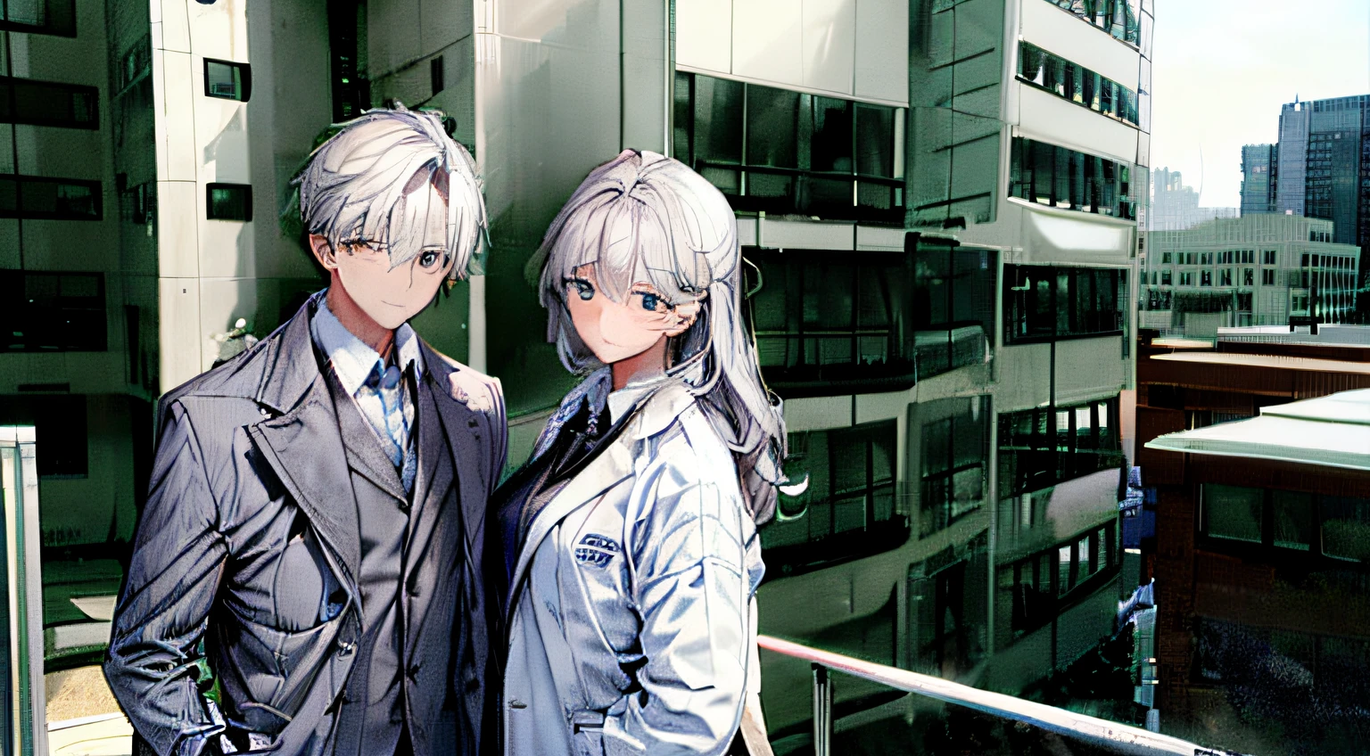 A gentle woman dressed as a doctor&#39;Under a gray sky，A coat and a man in a suit support each other and stand in front of the hospital.