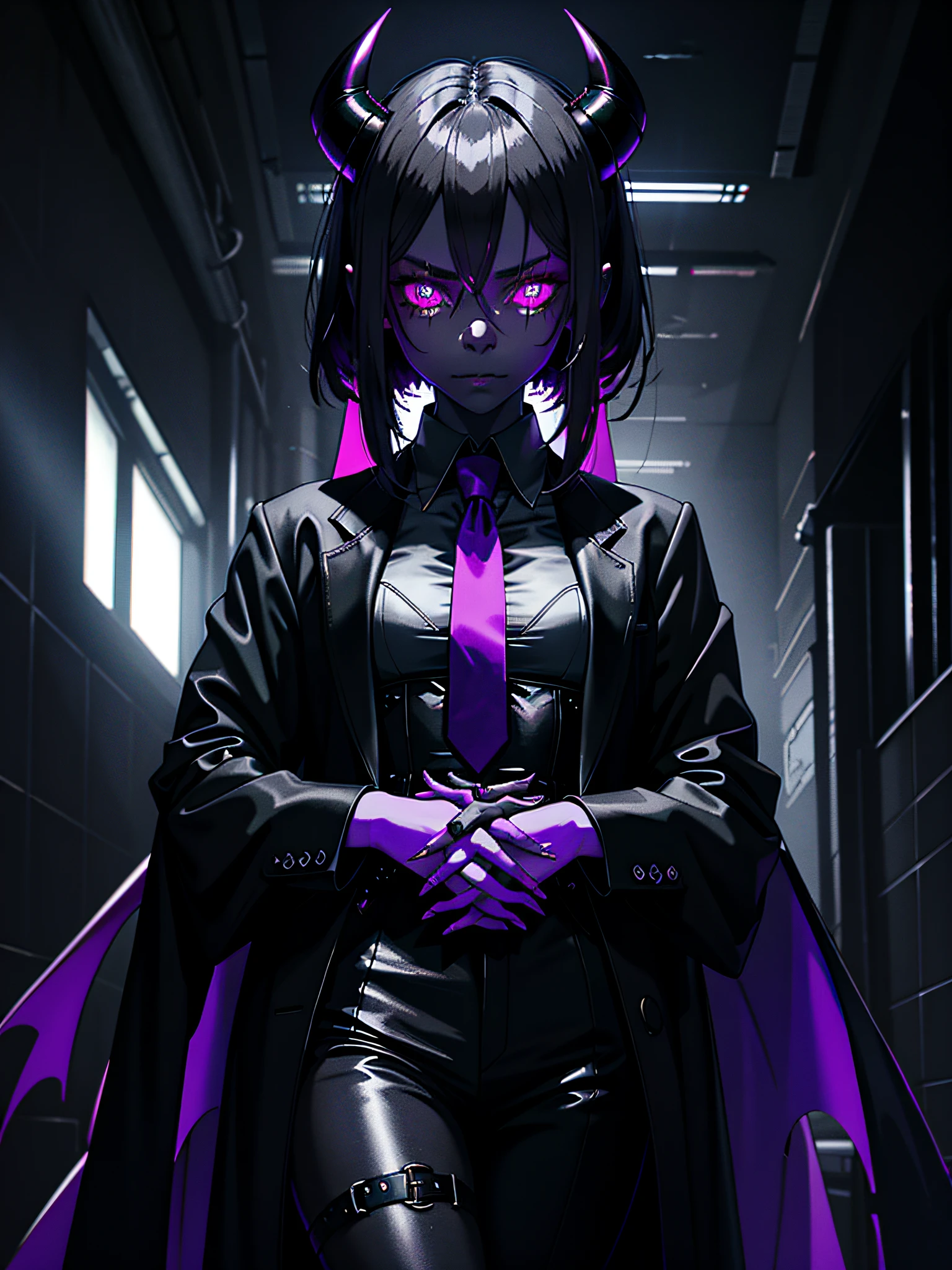 dark cyberpunk atmosphere, ((gloomy demon girl)), ((dark gray skin)), (Formal wear), (hands together), Demon girl in good clothes, violet eyes, Cold lighting, Horror atmosphere, perfect anatomy, Masterpiece
