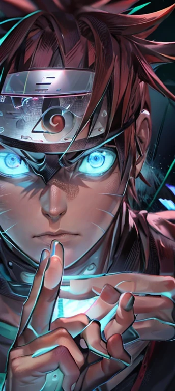 personagem de anime com cabelo amarelo e olhos vermelhos apontando para algo, Naruto artstyle, Naruto uzumaki, Coringa como Naruto, dor de Naruto, Naruto, de Naruto, Coringa se parece com Naruto, manga", Naruto em GTA V, 4 k manga wallpaper, Luffy vestido como Naruto, striking manga artstyle, manga, Shonen, itatchi uchiha,(male protogen),Cyberpunk,Cabos,cores claras, Cor verde e azul predominante,Wires sticking out of the head, Mechanicalgirl,olhos brilhantes,metallic surface,display digital,Advanced technology,Futuristic,neon lights,electromagnetic field,bordas afiadas,design