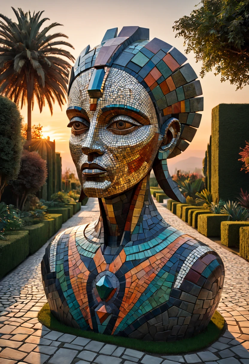 external garden, Mosaic tribal sculpture, Stone road, the sunset, Surrealism, Futurism, Hyperrealism, Art Deco, Conceptual art, Cubist Futurism, chiaroscuro, ray tracing, mosaic art, wide shot, best quality, highres, award winning, masterpiece, 4K