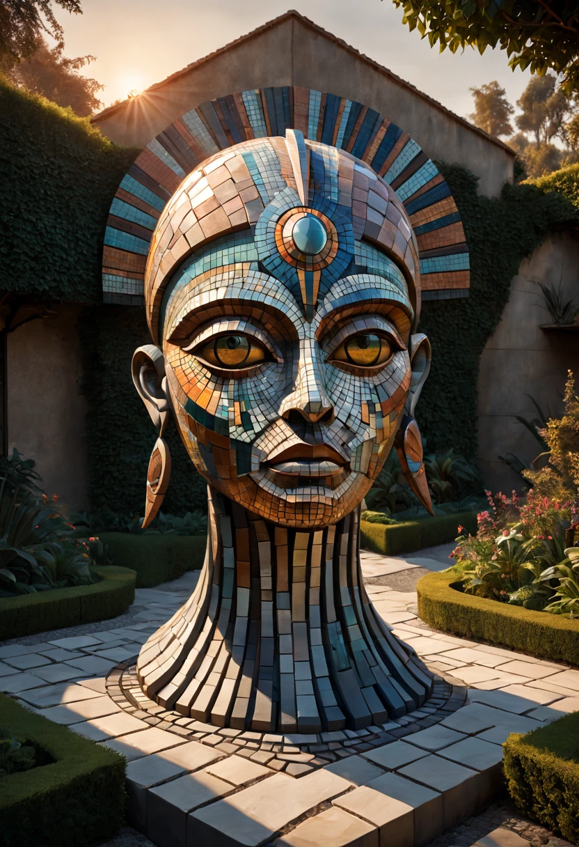 external garden, Mosaic tribal sculpture, Stone road, the sunset, Surrealism, Futurism, Hyperrealism, Art Deco, Conceptual art, Cubist Futurism, chiaroscuro, ray tracing, mosaic art, wide shot, best quality, highres, award winning, masterpiece, 4K