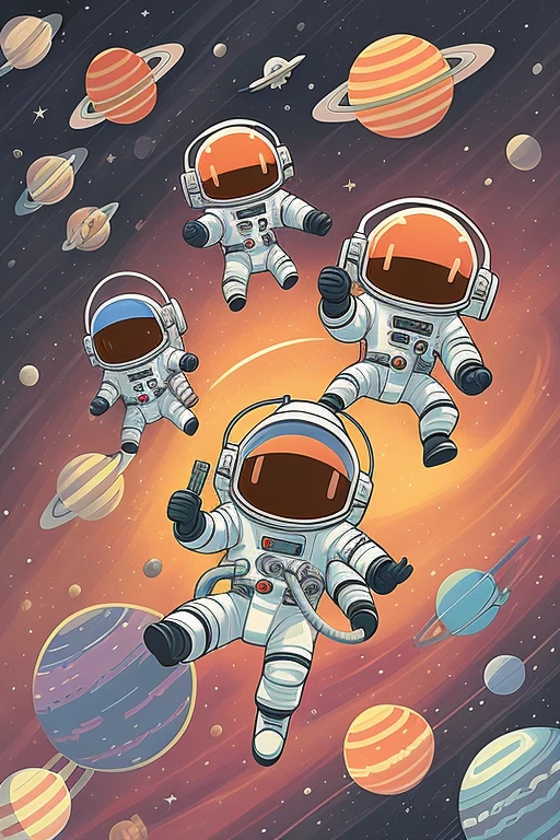 Illustration of three astronauts floating in space surrounded by planets, The astronaut, Little astronaut, Space travelling, Just a joke, Floating in outer space, spacewalk, floats in space, space travel, floating beside planets, outerspace, cute astronaut sticker art, space walk scene, the space, In space, background artwork, in outer space, space art, floats in space
