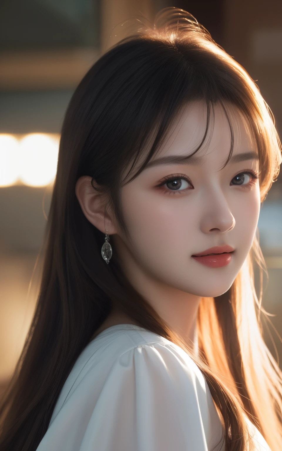 silber hair、ulzzang -6500-v1.1, (Photorealsitic:1.4), animesque、anime styled、ssmile、portraitures、Beautiful, Moist eyes like clear glass、Beautiful detailed woman, extremely detailed eye and face, Beautiful detailed eyes,huge filesize, ultra-detailliert, hight resolution, ighly detailed, top-quality, masterpiece, illustratio, ighly detailed, nffsw, unification, 8k wallpaper, splendid, finely detail, masterpiece, top-quality, Highly detailed ticker uniform 8K wallpaper, Light on the Face、电影灯光、