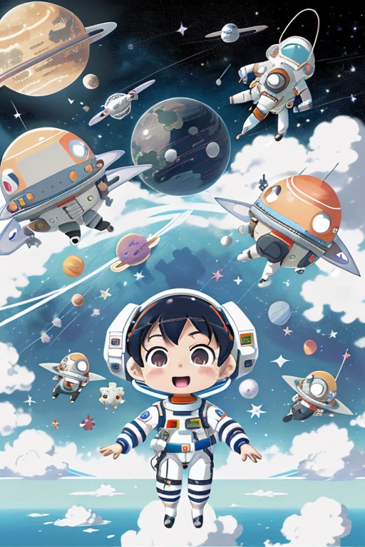 Anime characters in space，There are planets and planets in the background, In space, [ Zero gravity ]!!, girl in space, portrait anime space cadet girl, fly in space, Little astronaut, spacewalk, Space travelling, Floating in outer space, floats in space, tatami galaxy, in outer space, standing in outer space, An anime cover, it is flying through space