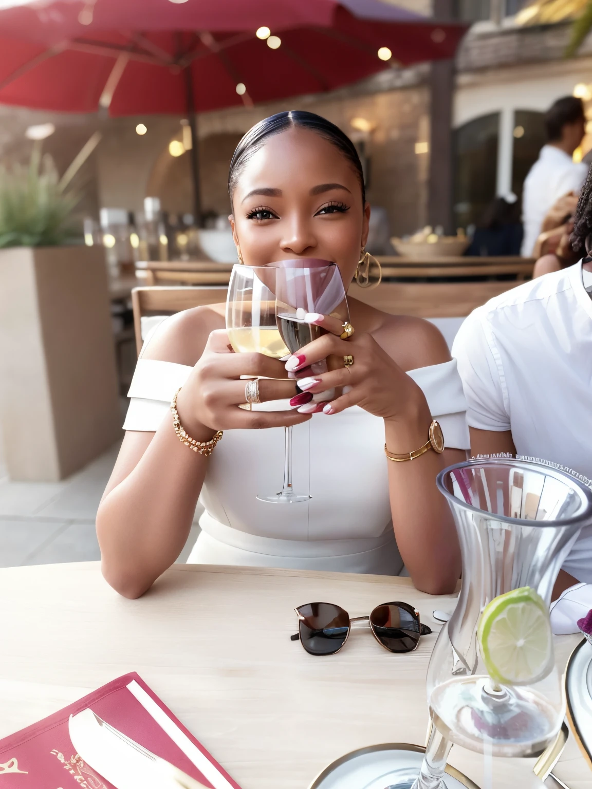 smiling black woman holding a glass of wine in front of a man, with a drink, enjoying a glass of wine, she holds a glass of wine, holding a drink, cheers, sparkling in the sunlight, gorgeous lady, drinking champagne, holding glass of wine, holding a glass of wine, not blurry, cute photo, cute woman, enjoying life!!! elegant, stunning woman