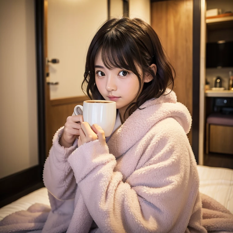 Cute woman wrapped in a fluffy blanket、((25-years old))、japanes、sitting on、1 girl in、Japanese narrow studio apartment、Hold a ceramic coffee cup with both hands、viewer is looking down、a picture、３５ｍｍfilmg、Sleepy face、short-hair、waved hair、disheveled hair、Fix、no-makeup、Plump lips、detailed finger、real looking skin、Spoiled face