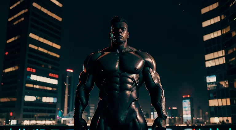 A stoic muscular futuristic cyberpunk statue in a night city full of lights