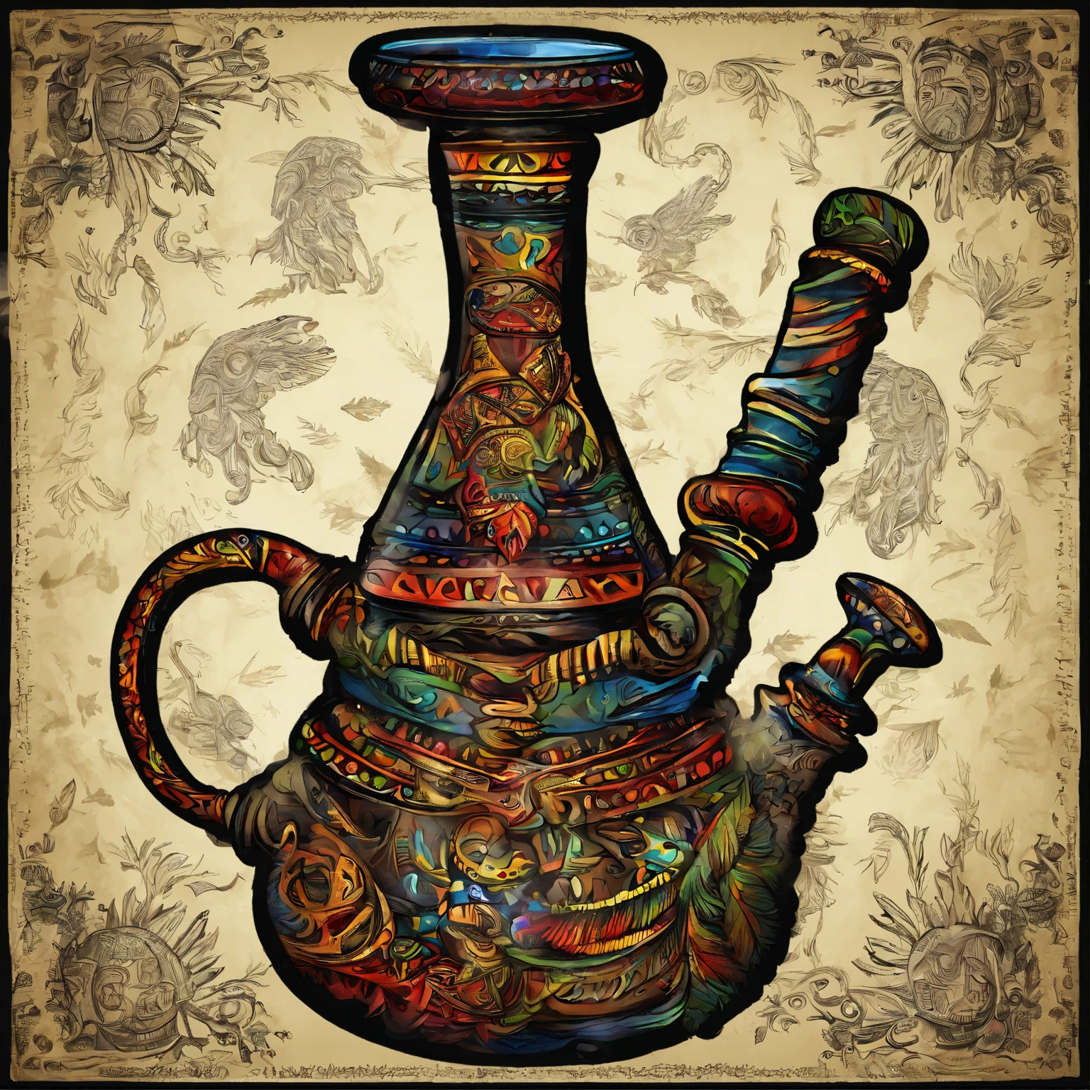 Glass bong, marijuana, smoke. Stoners head exploded with rainbows