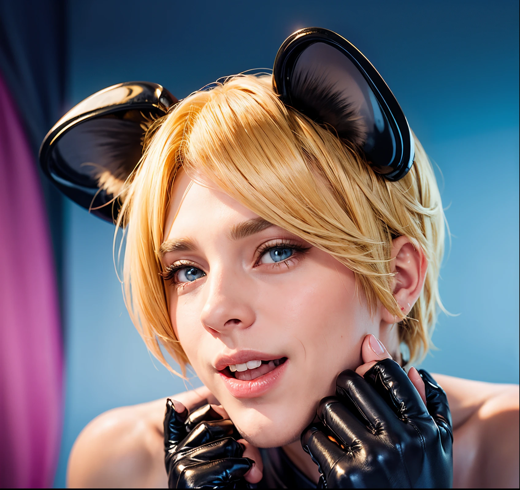 blond haired man with black cat ears and gloves posing for a picture, cute boy with cat ears, fake cat ears, cat ears, blonde beautiful glossy hair, high resolution, detailed, 4k, rim light