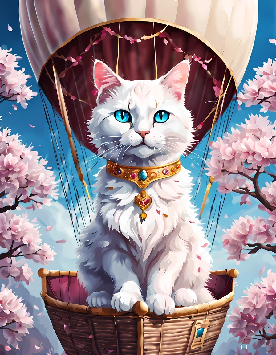 (epic digital drawing:1.3), (solo:1.3), (symmetrical:1.3), (close up:1.3), ((cute happy white noble cat sitting in a hot air balloon)) ((((floating petals)))) of cherry blossoms, blue eyes, (jeweled crown), epic nature background ((ethereal fire beneath)), (absurdes:1.3), More Detail