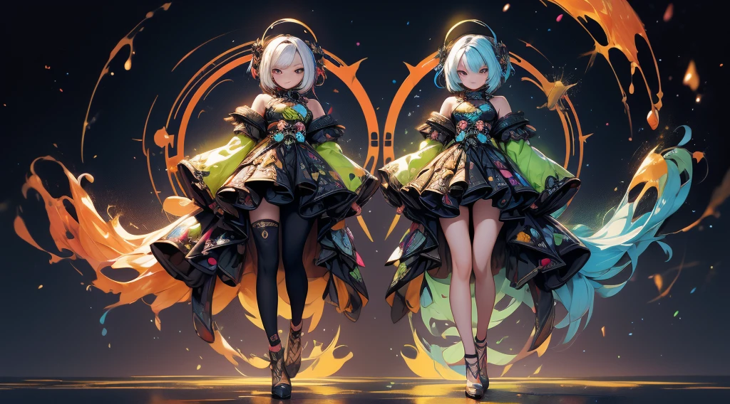 Masterpiece designs by the world's top AI artists, top-quality, 8K, High image quality, (Paint splashes),Colorful ,Glow Color,lamplight,The Girl,(full body Esbian),Look at the camera,Slime Girl,Glass-like outfits,Sleeves glow,large round eyes,cute little,The sky is wide,Interdimensional space、Fractal Art,Cyber City