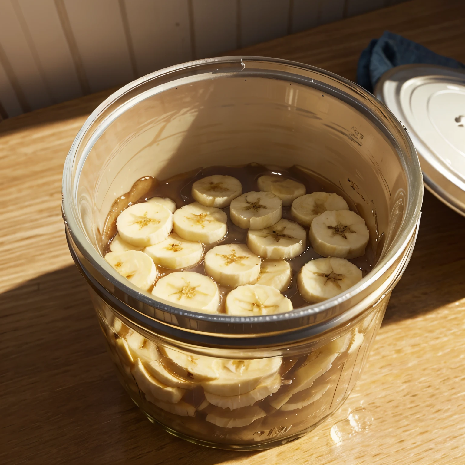 generate a realistic top down photo of a clear container that contains banana foggy thicker liquid floating at the top