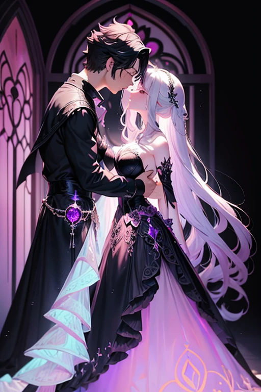 pink haired woman with violet eyes with an hourglass figure is standing in a black corset ballgown with bell sleeves is kissing a man with shoulder length white hair with ruby eyes in a simple black suit in a chapel